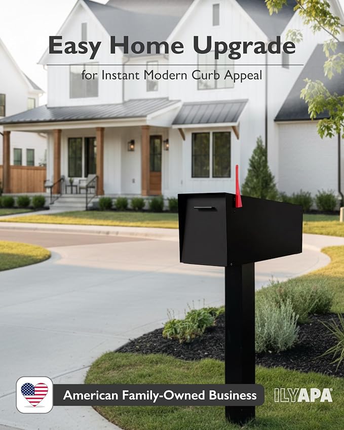 Ilyapa Modern Angle Design Post Mount Modern Mailbox - Black Exterior Powder Coated Steel, All Weather & Corrosion Resistant, Stainless Steel Hinges