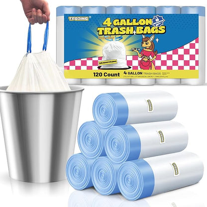 Small Trash Bags 4 Gallon with Drawstring, 1.1 Mil 15 Liter White Thick