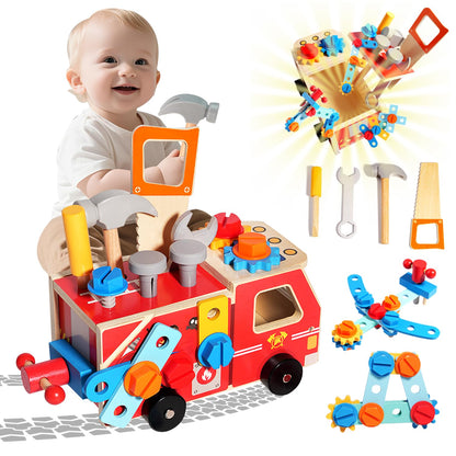 Toddler Tool Set - 33 PCS Wooden Kids Tools with Firetruck-Shaped Box / Bench, Montessori Educational Pretend Play Preschool Toys Gifts for 3 Year Old boy Girl Kids, STEM fine Motor Skills Tool Set