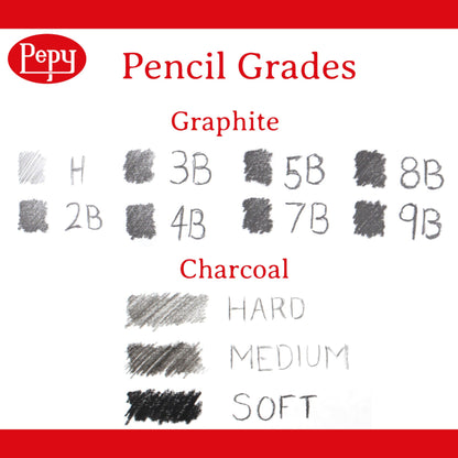 Pepy Sketching and Drawing Set in Wood Carrying Box: 3 Charcoal Pencils, 8 Graphite Pencils, Sharpener, Eraser, and Set of 6 Blending Stumps
