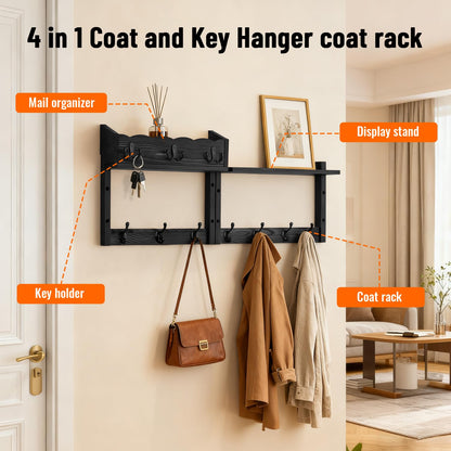Dellicasi 28" Coat Rack Wall Mount with Shelf, Entryway Wall Mounted Coat Rack Wood Wall Coat Hooks with 7 Hooks 3 Key Hanger, Key Holder Wall Mount Mail Holder for Living Room, Bedroom