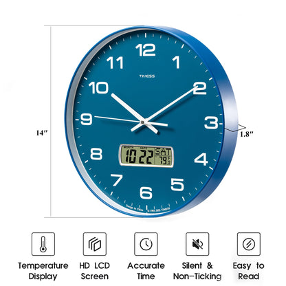 TIMESS Wall Clock, 14" Large Dial Non-Ticking Silent Battery Operated Analog with LCD Display for Perpetual Calendar and F° Temperature, Ideal Modern Home, Bedroom, Kitchen, Office Decor (Blue)