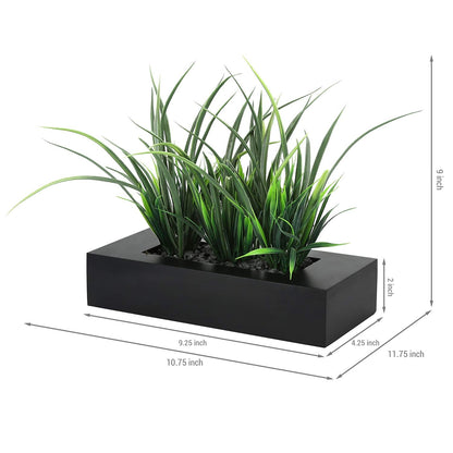 MyGift Artificial Green Grass Plants Potted in 9-inch Matte Black Wood Decorative Planter, Tabletop Faux Greenery in Wooden Rectangular Pot Centerpiece Décor