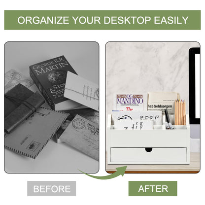Desk Organizer with Drawer Wood File Office Mail Organizer Countertop-5 Slot Tabletop Storage Pen Organizer Letter Holder for School Home Office Supplies (White)