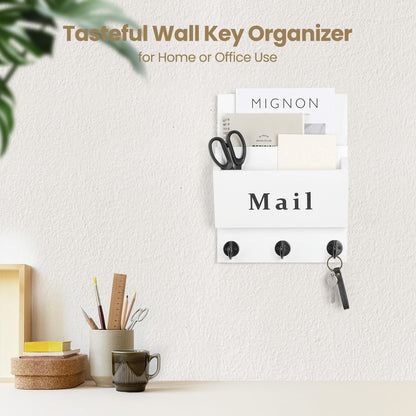 Lucundm Mail and Key Holder - Decorative 8.86" x 11.42" Wall Key Hanger with 2 Mail Organizer Slots and 3 Hooks - Real Paulownia Wood with Keyhole Brackets, Hardware and Instructions (White)