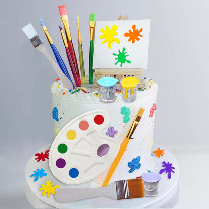 26 Pcs Art Cake Topper Paint Cake Decorations Painting Cake Toppers include Paint Pen Brush Painting Bucket Palette for Kids Birthday Baby Shower Art Themed Party Cake Decoration Supplies