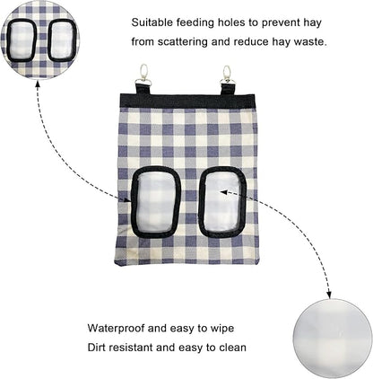 Rabbit Hay Feeder Bag, Large Capacity Rabbit Hay Bag Small Animal Hanging Hay Bag 600D Oxford Cloth Bunny Hay Feeder Bag for Rabbits Guinea Pigs Chinchillas (Plaid-2 Holes-2Pcs)