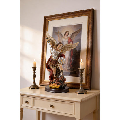 ASTARIKO Catholic St. Michael the Archangel Statue - 11.2” H Hand-Painted Resin Figurine on Premium Wooden Base, Saint Michael Defeating Satan Religious Gifts for Home Decor