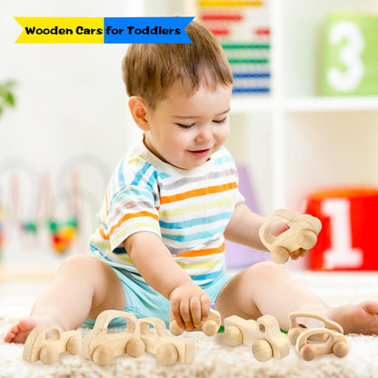 Fahacop 4 Pieces Wooden Toy Cars Mini Push Wood Truck Car Natural Wood Toys for Baby Toddler Birthday Party Gifts Nursery Decoration, 4 Styles
