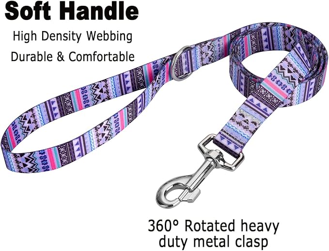 MarukoPet Dog Collar and Leash Set, Adjustable for Small Medium Large Dogs Puppy, Cute Design with Bohemia Floral Tribal Geometric Patterns Boys Girls Dog Collar(Purple Bohemia Set,XS)