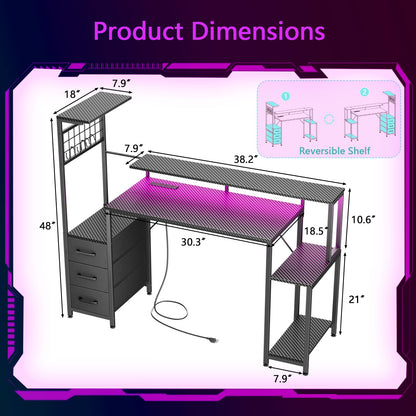 Korfile 48 Inch Gaming Desk with LED Lights & Power Outlets,Computer Desk with Fabric Drawers & Side Hook,Reversible Gamer Table with Monitor Stand for Game Room,Home Office,Carbon Fiber Black