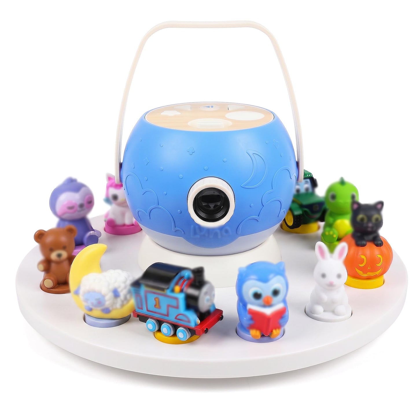 Round 360°Rotating Storage Shelf for Luna Storytime Projector And Character,Display Stand for Luna Projector Figurine Cartridge Figures Organizer Holder,Pine Wooden,for Kids Play Room(White)