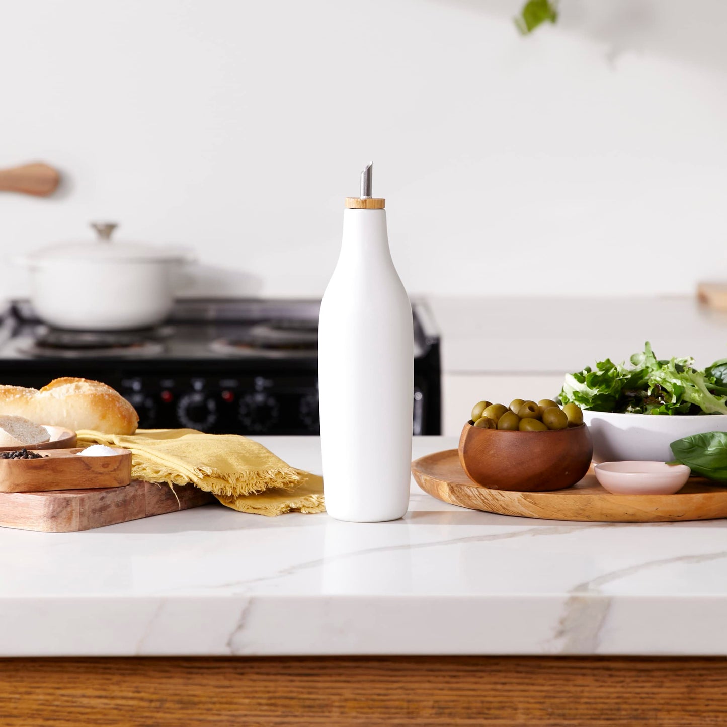Grace Homewares Olive Oil Dispenser Bottle Stoneware Ceramic for EVOO or Vinegar | Modern Design | Large Capacity 16.9 ounce | Oil Container | White