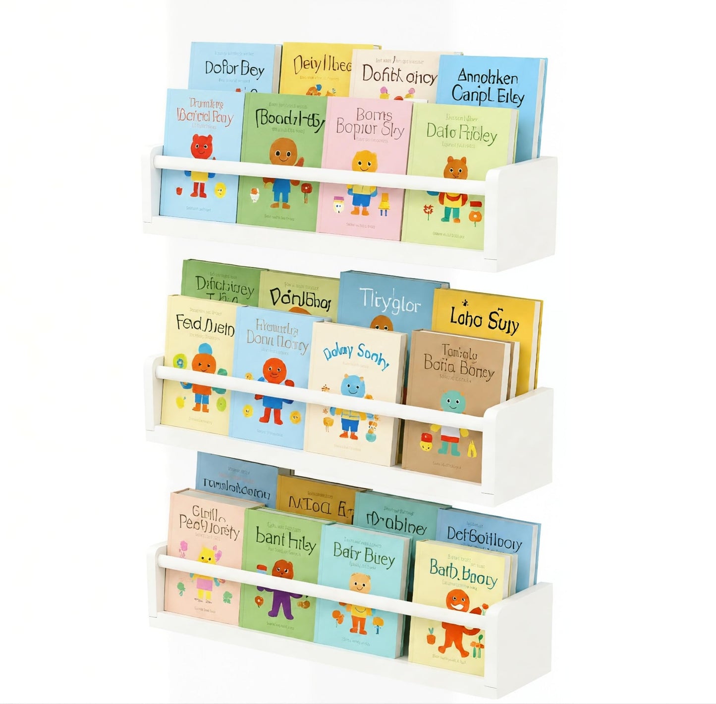 Esonal White Nursery Floating Shelves Set of 3– Wall Mounted Kids Bookshelf & Toy Organizer – 16 Inch Rustic Pine Hanging Display Book Shelves for Bedroom, Playroom, and Baby Decor