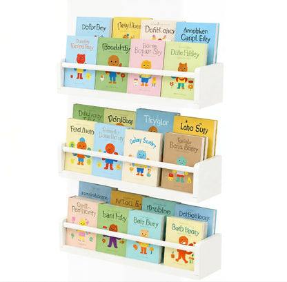 Esonal White Nursery Floating Shelves Set of 3– Wall Mounted Kids Bookshelf & Toy Organizer – 16 Inch Rustic Pine Hanging Display Book Shelves for Bedroom, Playroom, and Baby Decor