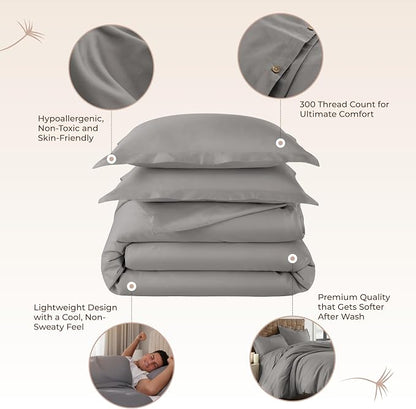 100% Organic Cotton Duvet Cover Twin Size - Naturally Soft Lightweight & Cooling Duvet Cover Set with Decorative Shams - Premium GOTS Certified 300 Thread Count Sateen Weave (Stone, Twin)