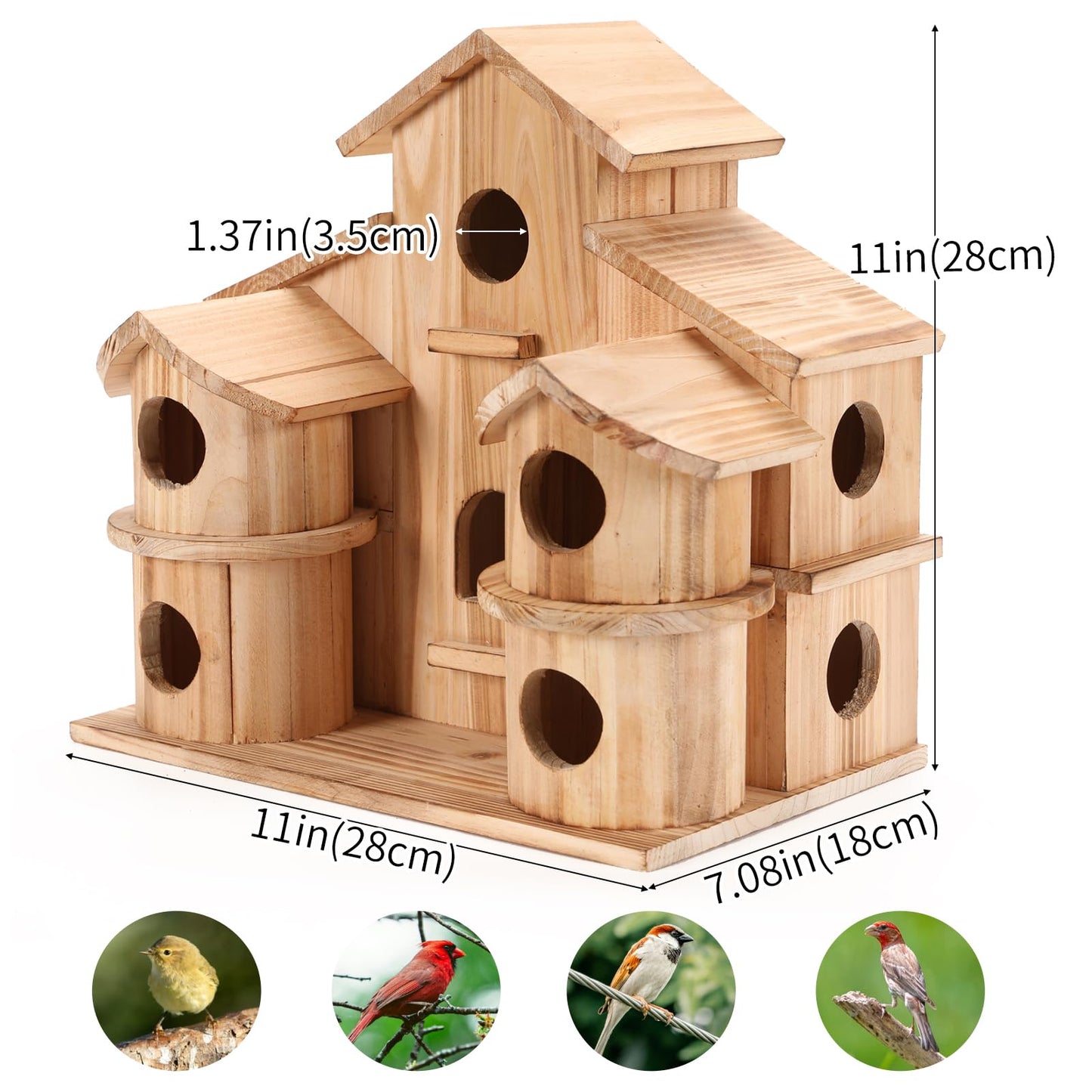 Bird Houses for Outside, Wooden 10 Hole Bird House for Multiple Birds, Hanging Birdhouse Nesting Box for Wren Finch Chickadee, Decorative Garden Bird Hotel