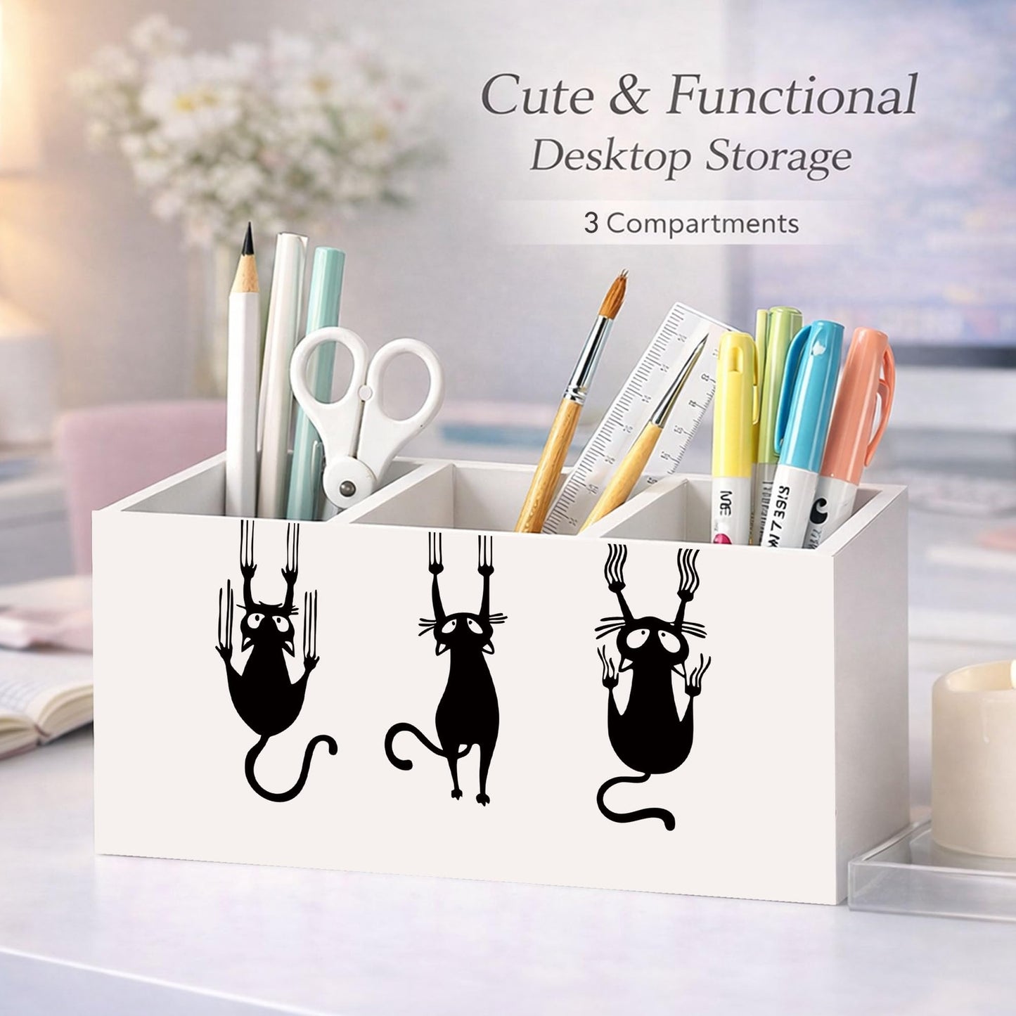 GGED Funny Cat Pencil Holder, Wooden Desk Organizer with Cartoon Cats Climbing, Pen and Pencil Storage, Office and Study Desk Accessories
