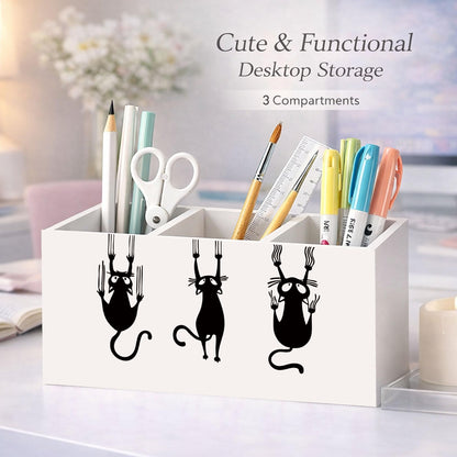 GGED Funny Cat Pencil Holder, Wooden Desk Organizer with Cartoon Cats Climbing, Pen and Pencil Storage, Office and Study Desk Accessories