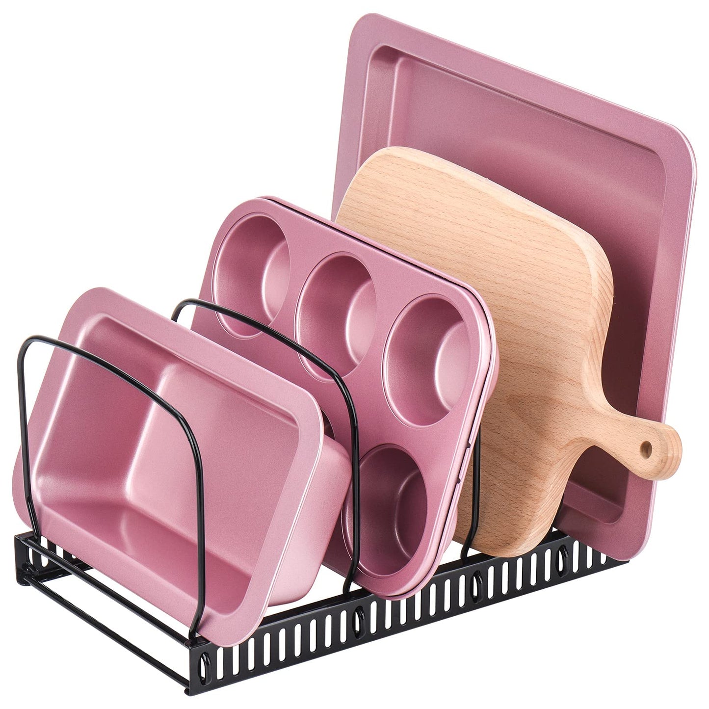 Toplife Pots and Pans Organizer Rack for Cabinet and Countertop, 10+ Pot Lids, Bakeware and Cookware Organizer Rack Holder with 10 Adjustable Compartments - Brown