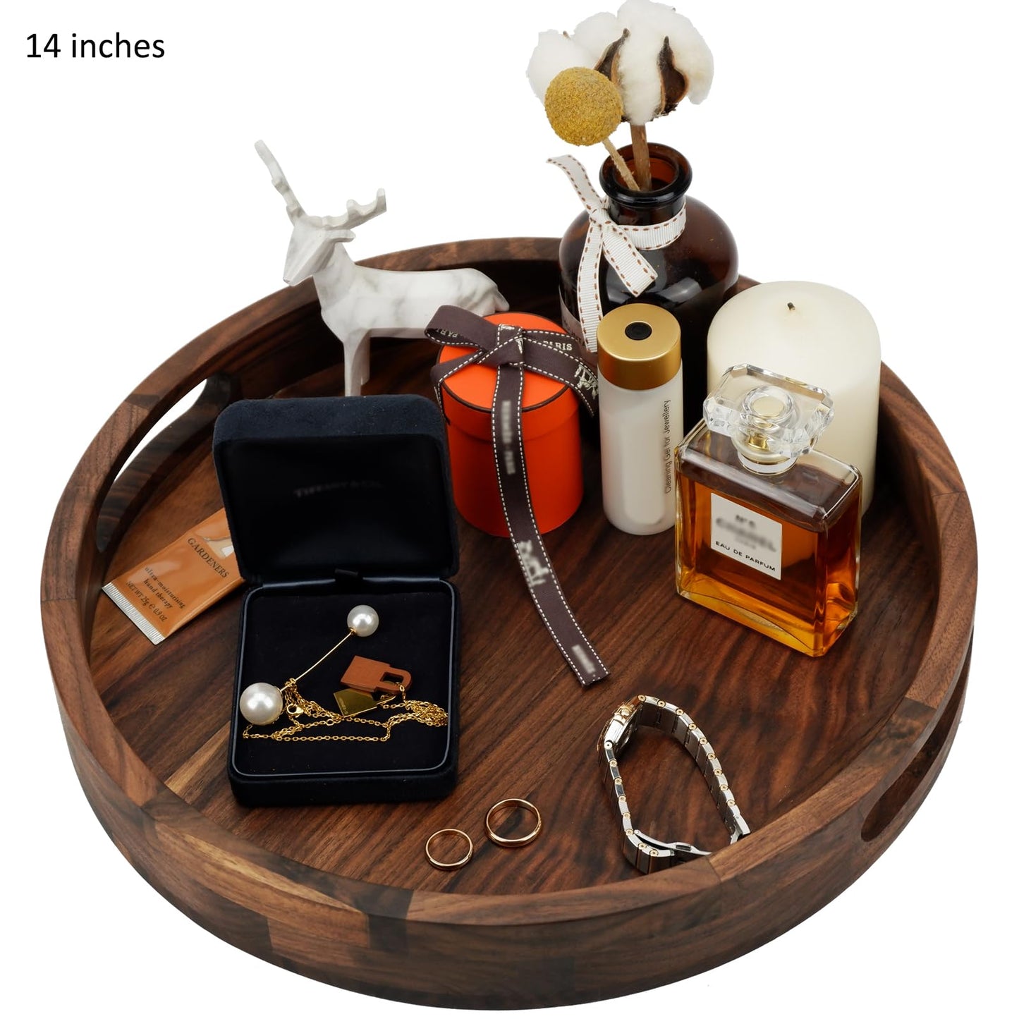 MAGIGO Set of 2 Large Round Black Walnut Wood Ottoman Tray with Handles, Serve Tea, Coffee, Classic Wooden Circular Decorative Serving Tray, 14 &12 inches