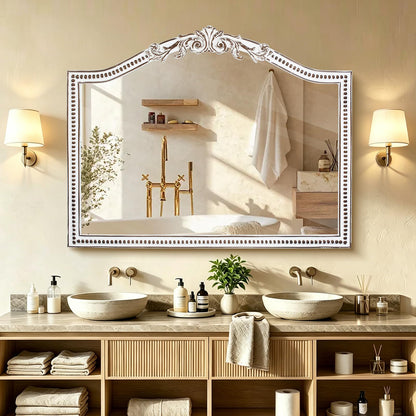 HOITUZYUS 32x42 Inch Ornate Arched Wooden Wall Mirror, Rustic Farmhouse Decorative Mirror for Fireplace, Living Room, Bedroom, Entryway, Bathroom Over Sink