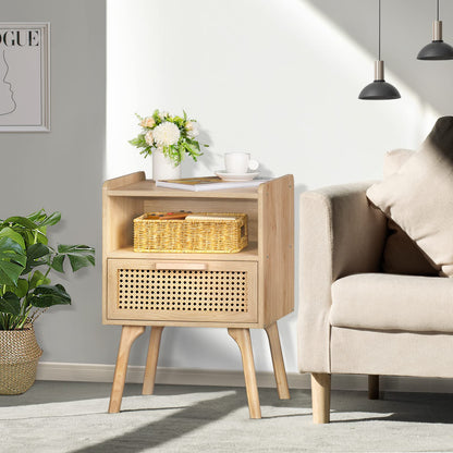 Lerliuo Rattan Nightstand, Boho Side Table with Drawer Open Shelf, Cane Accent Bedside End Table with Solid Wood Legs for Bedroom, Dorm and Small Spaces (Natural)