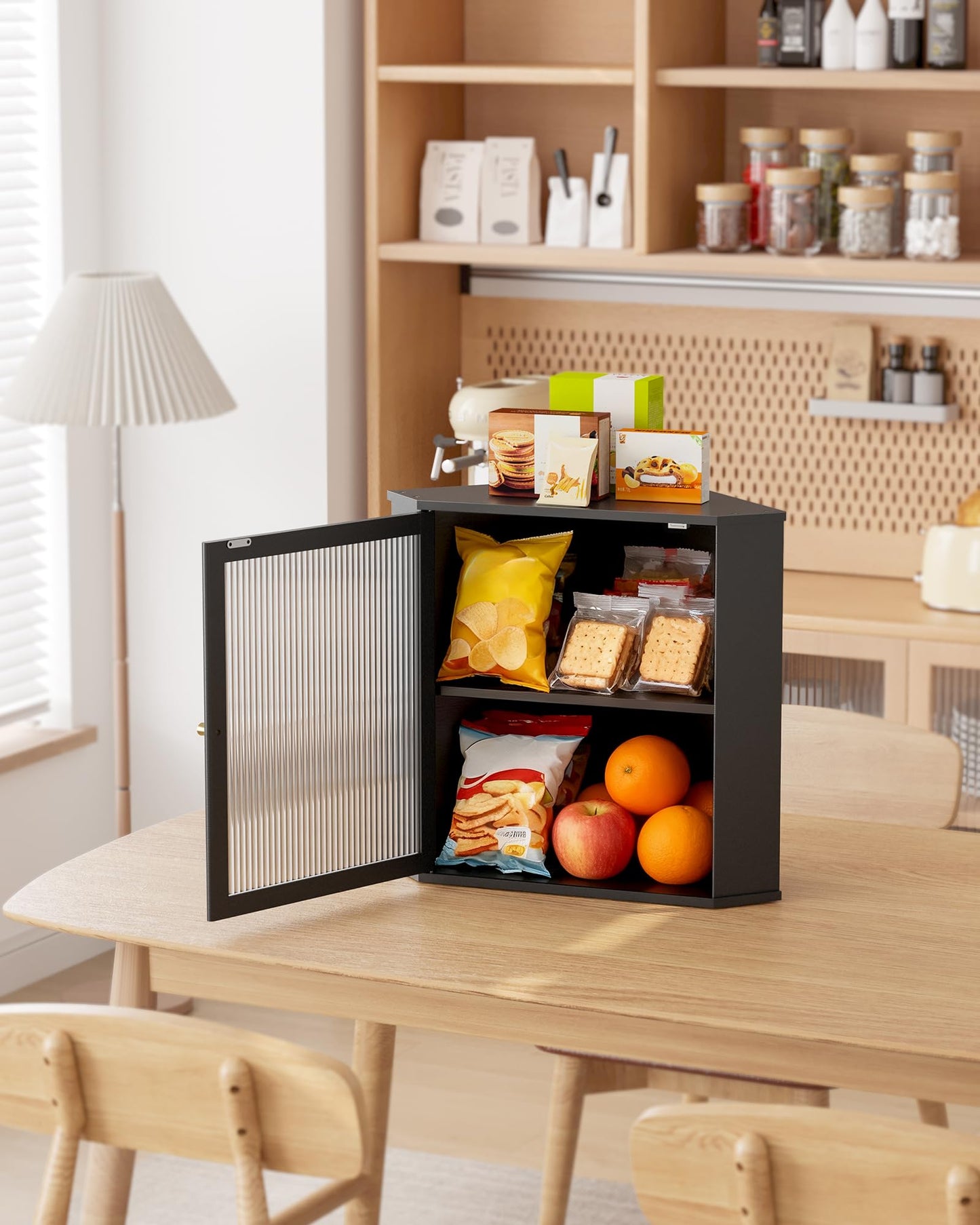 Kitsure Bread Box - 2-Tier Corner Bread Box for Kitchen Countertop with Magnetic Acrylic Door, Bamboo Kitchen Counter Organizer for Snacks, Loaves, Homemade Bread Storage, Black, 16.5" H