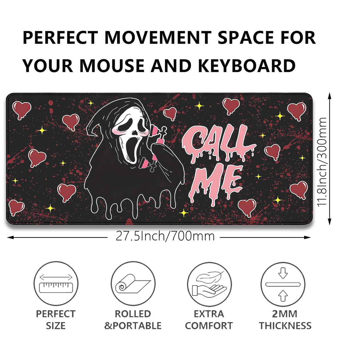 Call Me Mouse Pad Ghostface Desk Pat,Mouse Mat Large Desk Mat for Desktop,Stitched Edges Non-Slip Waterproof Rubber Base Mous Mat for Office Computer Keyboard Laptop and Home(27.5X11.8 in)