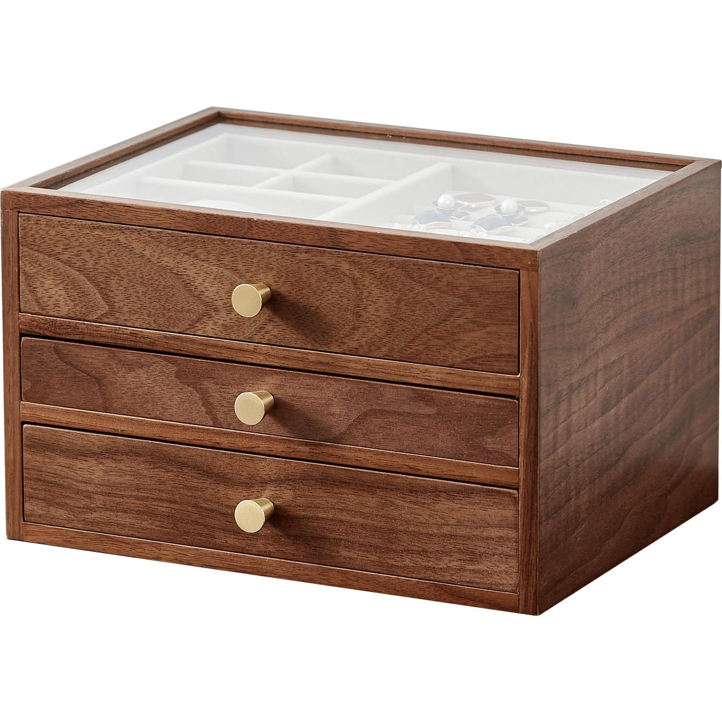 CHOSIN Black Walnut Wooden Jewelry Box for Women, 3-Layer Wood Jewelry Organizer with Glass Lid for Watches, Necklaces, Rings & Earrings Storage, Ideal Gift for Her, Fathers Day Gift