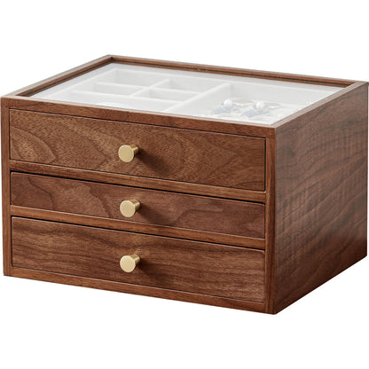 CHOSIN Black Walnut Wooden Jewelry Box for Women, 3-Layer Wood Jewelry Organizer with Glass Lid for Watches, Necklaces, Rings & Earrings Storage, Ideal Gift for Her, Fathers Day Gift