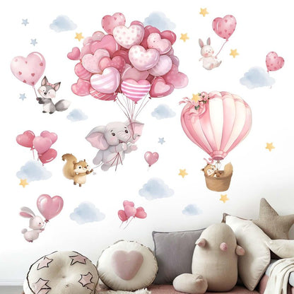 Animals Balloon Wall Stickers for Nursery: Baby Girls Kids Boys Bedroom Wall Decals - Pink Hot Air Balloon Elephant Fox