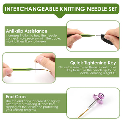 Interchangeable Circular Knitting Needles Set Premium Aluminum Knitting Kit 13 Pairs of 4 Inch with 4 Cables, Accessories and Storage Bag Green