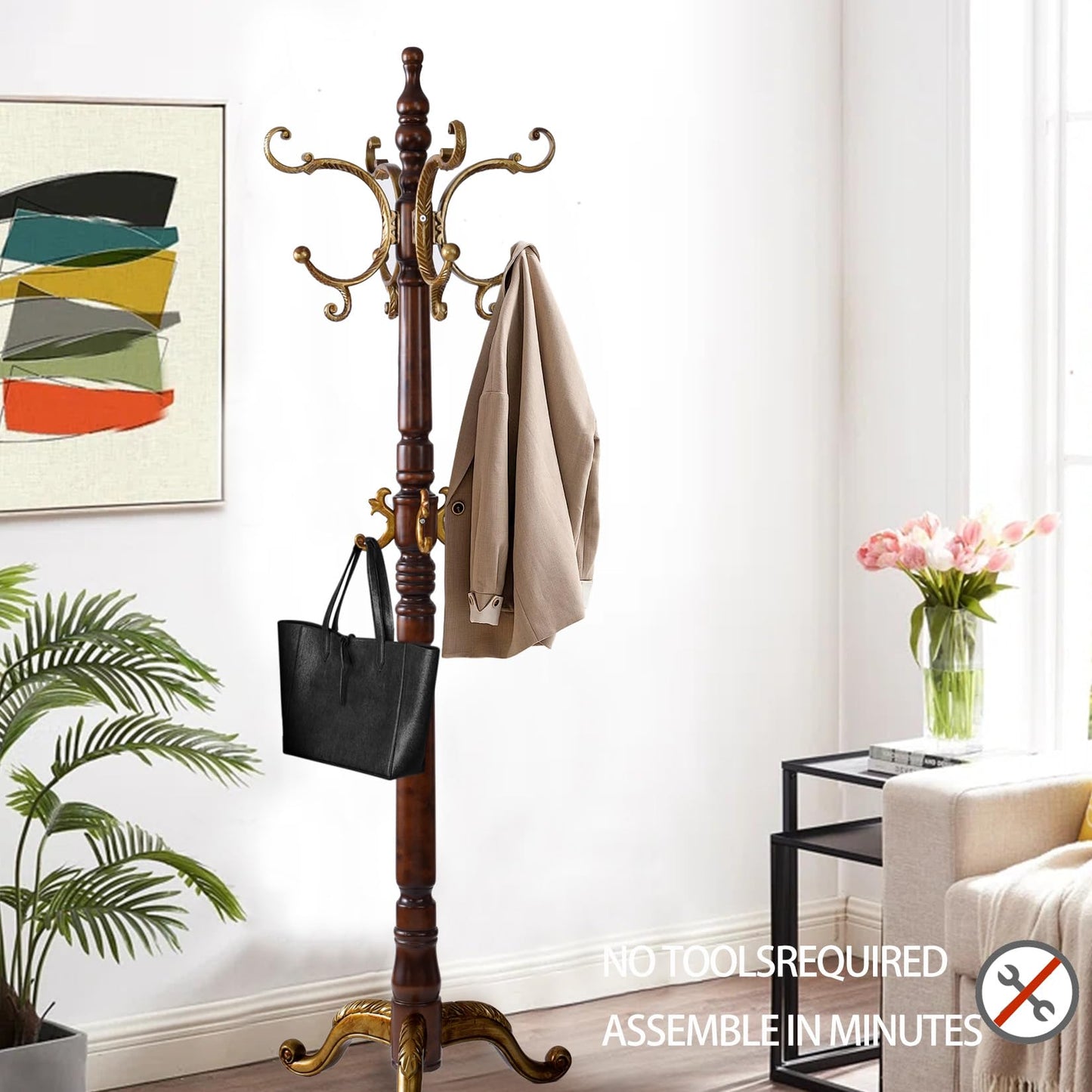 Hebtwebf Wooden Coat Racks, Retro 78" Coat Tree with 12 Hooks & Stable Triangular Base, Entryway Coat Rack Freestanding for Hat, Clothes, Scarves, Handbags, Umbrella (Vintage)