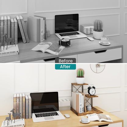 ELITEROO Wood Desktop Shelf, 3 Tier Desk Shelves + Printer Stand, Small Bookshelf Organizer, Printer Riser Stands, Office Storage Rack and Cubicle Organizers Accessories for Dorm Office Home, Brown
