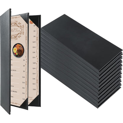 FLKQC Restaurant Menu Covers Holders 4.25" x 11" | Pack of 10 Synthetic Leather Triple Fold Panels 4 View Angled Corners Black for Wine List, Drinks (10, Triple Fold Panels 4 View (4.25 x 11 inch))