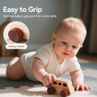 Wooden Cars for Toddlers 1-3, Wooden Vehicles Baby Cars Set with Bus, Airplane and Boat, Montessori Rattle Toys with Rolling Beads, Ideal for Boys and Girls