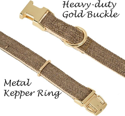 Luxury Soft Cotton Tweed Fabric Dog Collar & Leash Set with Gold Buckle – Durable Fabric, Stylish Design for Everyday Walks(Small Coffee)