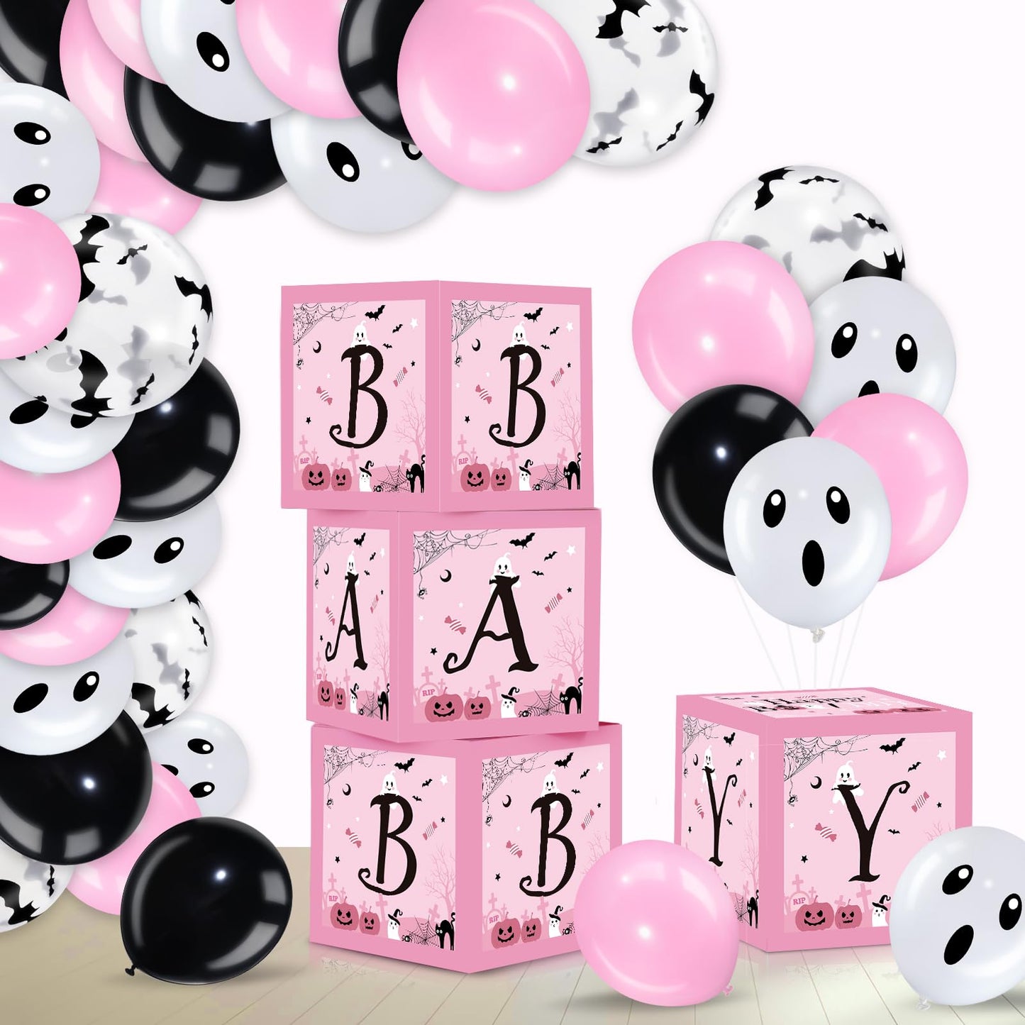 Hiboom 74 Pcs Halloween Balloon Boxes Baby Shower Decorations Pink and Black Halloween Baby Blocks Latex Balloons Garland Arch Kit for Baby Girls Happy Boo Day Birthday Party Supplies Photography Prop
