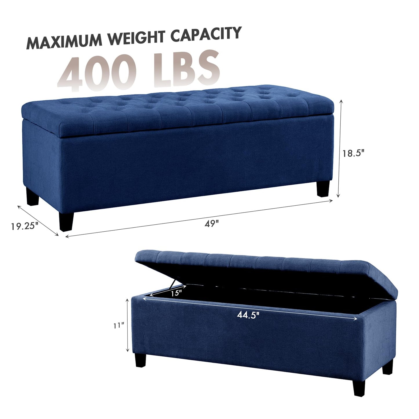 Madison Park 49" Upholstered Storage Bench, Button Tufted End of Bed Bench with Storage, Dual Spring Soft-Close Lid, Bedroom Bench for Queen King Bed, Entryway Living Room, Navy