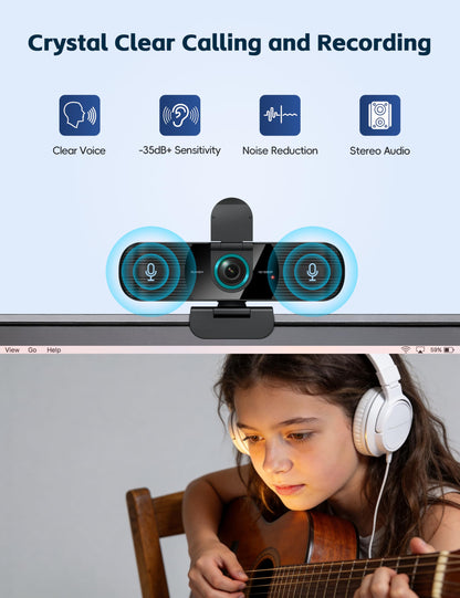 RUWBY Full HD 1080P Webcam with Built-in Dual Mics, Wide-Angle Lens, Privacy Cover, Tripod Stand, Autofocus Computer Camera, Plug and Play for Desktop PC or Laptop