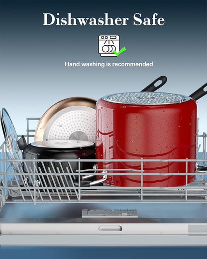 Cook N Home Professional 10.5 Quart Nonstick Stock Pot with Lid, Riveted Handles, Big Soup Pot for Holiday Feasts, Stockpot with Even Heating, Induction Cookware, Oven & Dishwasher Safe, Marble Red