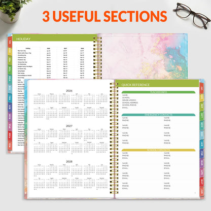 SUNEE Teacher Planner 2026-2027 Academic Year, Lite Lesson Planner Book with 7 Periods Jul 2026 - Jun 2027, 8.5"x11" Daily Weekly and Monthly Organizers, Plan Book with Pocket, Color Tabs, Pink Marble