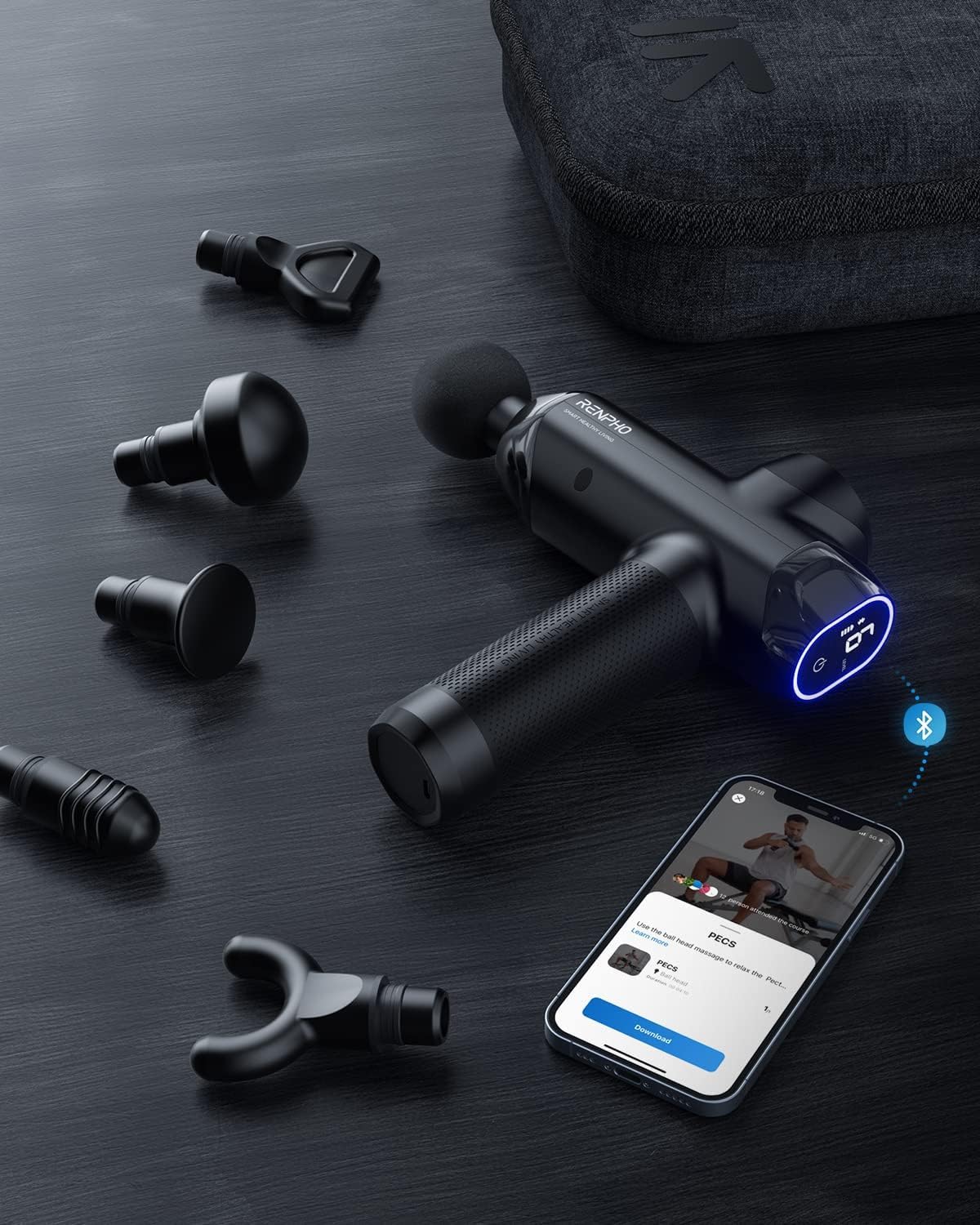 RENPHO Massage Gun Deep Tissue with 12mm Amplitude, Percussion Muscle Massage Gun, Portable Electric Handheld Massager Gun, LED Touch Display Carry Case Power