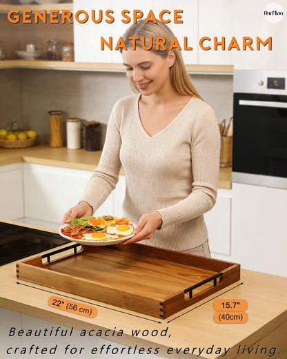 OurMiao 22" x 15.75" Acacia Wood Serving Tray with Black Metal Handles, Large Rectangular Wooden Ottoman Tray for Living Room, Coffee Table, Kitchen & Entertaining