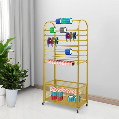 JOMCYDM Black Double-Sided Vertical Ribbon Holder Organizer Rack with Wheels 15 Rod Metal Ribbon Storage Organizer Rack for Fabric Craft Room Wrapping Paper (Gold)