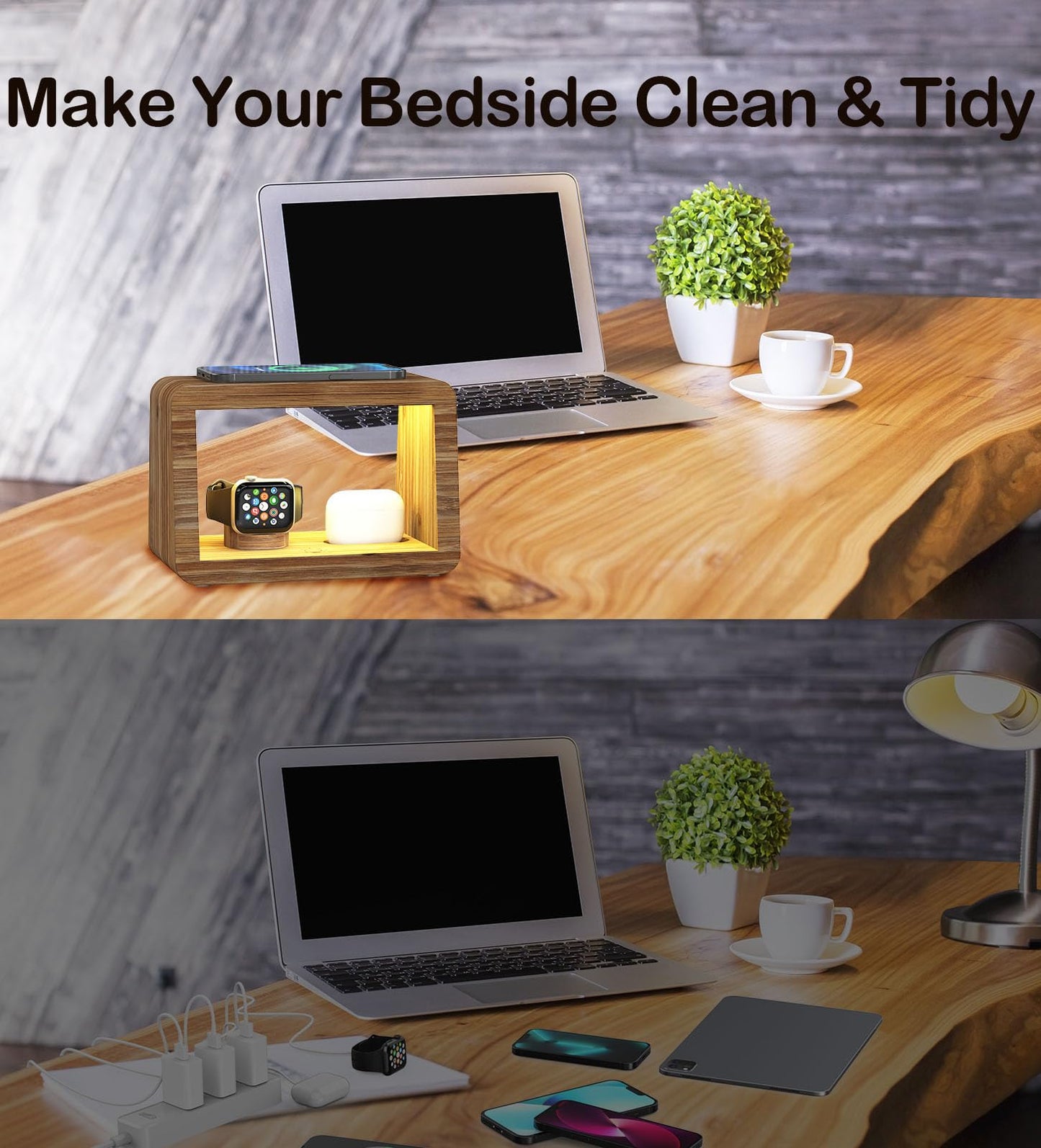 Bamboo Charging Station for Multiple Devices,15W Fast Wireless Charging Station with Nightlight, 3 Color & 4 Adjustable Brightness Compatible with Phone/Watch/AirPods