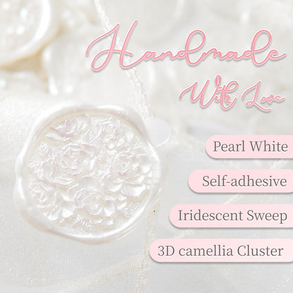 Nuvretk 30pcs Handmade Pearl White Wax Seal Stickers, 3D Camellia Flower Cluster Wax Seal Design, Floral Self-Adhesive Seals for Wedding Invitations, Cards & Botanical Stationery