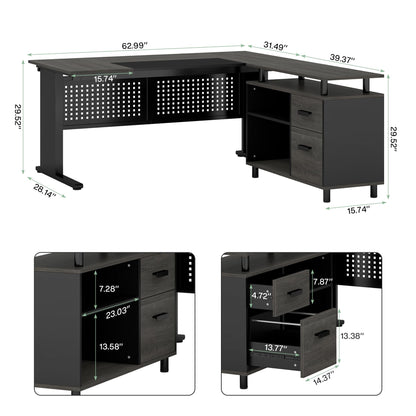 LITTLE TREE Large Computer Desk with File Cabinet, 63 Inch Executive Desk L Shaped Office Desk with Drawers and Storage Shelves, Business Furniture Desk Workstation for Home Office