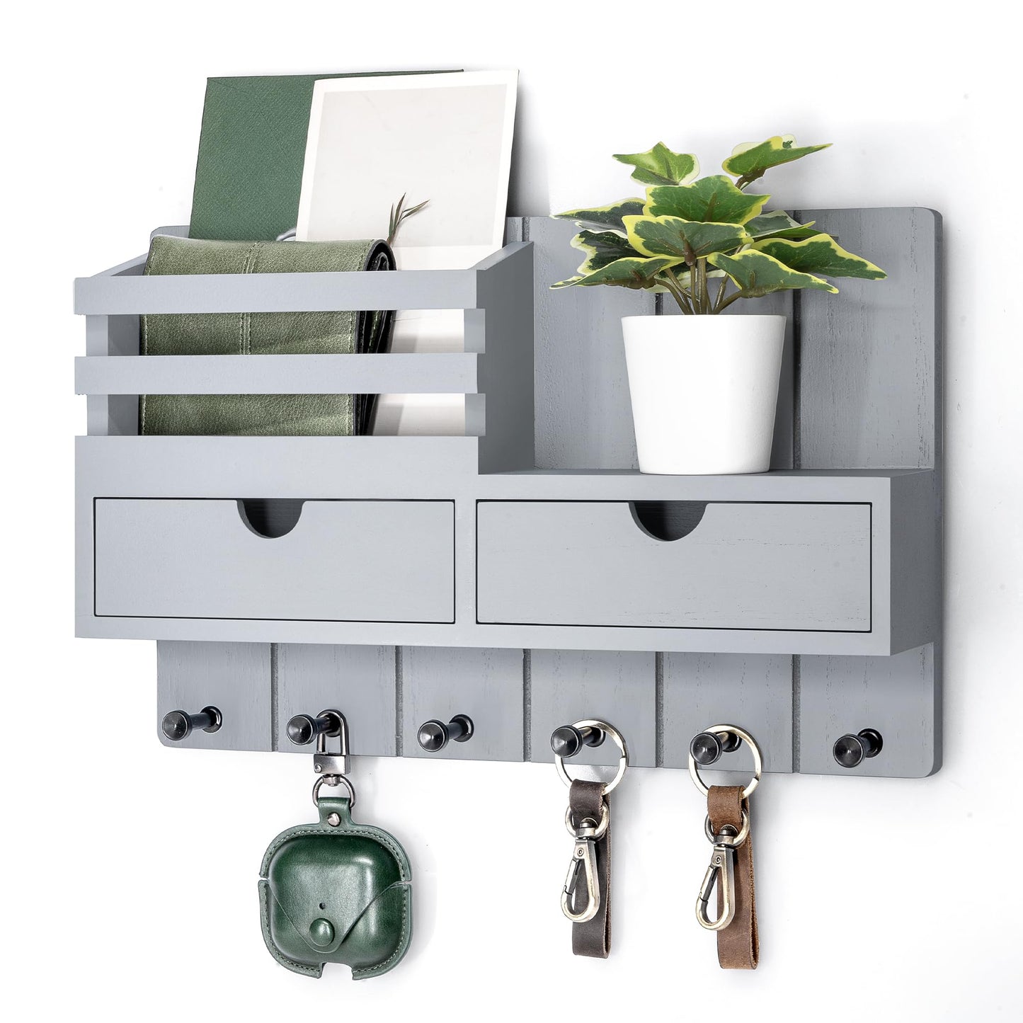 Rebee Vision Decorative Key Holder Wall Mount for Aesthetic Room Decor - Stylish Mail Holder for Wall with 2 Drawer Organizer and 6 Key Hooks - Modern Apartment Essentials (Gray)